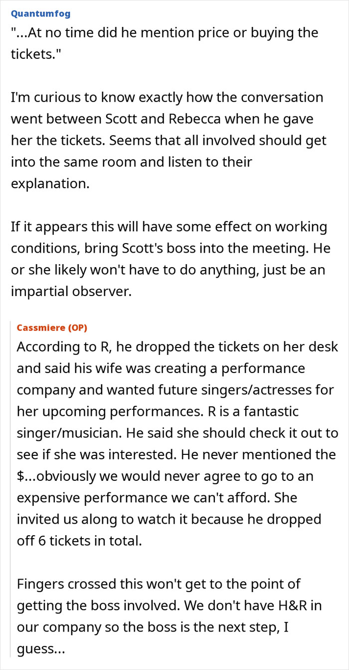 Forum conversation discussing coworkers feeling scammed after attending superior&rsquo;s wife&rsquo;s ticketed performance show.