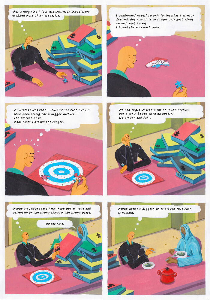 Surreal comic by Brecht Vandenbroucke shows a man reflecting on love and life while assembling puzzle pieces.