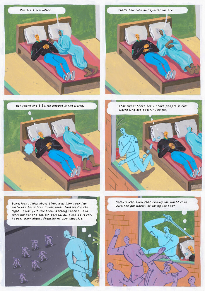 Surreal comic panels by Brecht Vandenbroucke exploring identity, loneliness, and the rarity of individuality in a weird, deep style.