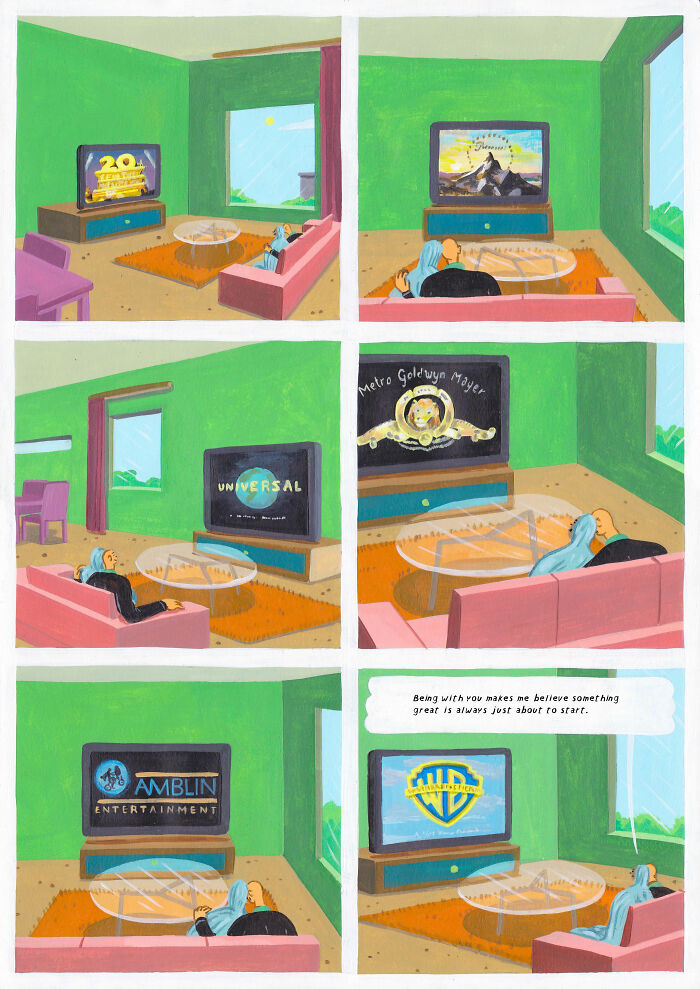 Surreal comic panels by Brecht Vandenbroucke showing a couple watching various movie logos in a colorful living room.
