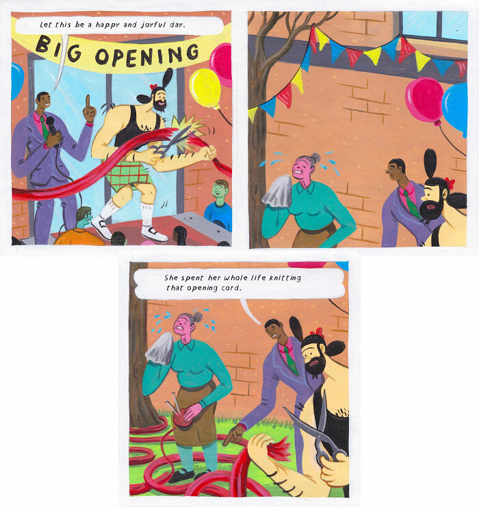 Surreal comic panels showing a ceremonial ribbon cutting with a twist, featuring funny and weird characters by Brecht Vandenbroucke.