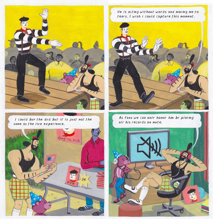 Surreal comics by Brecht Vandenbroucke showing funny, weird, and unexpectedly deep scenes with a mime and fans.