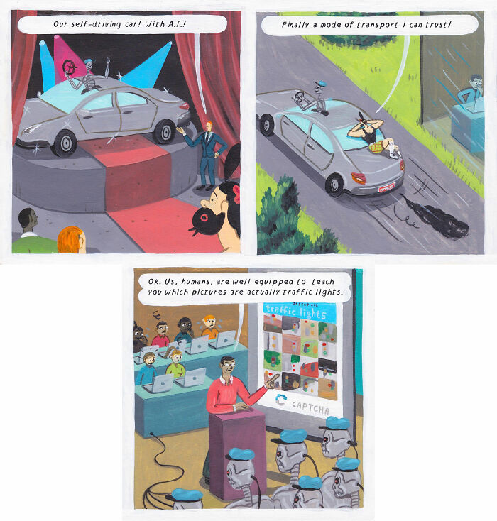 Three surreal comics by Brecht Vandenbroucke depicting AI self-driving cars and robots learning traffic lights.