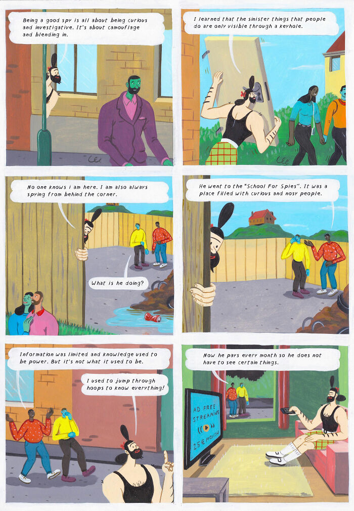 Surreal comic panels by Brecht Vandenbroucke featuring spies, curious scenes, and unexpected humor with deep undertones.