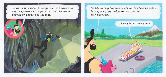 Surreal comic panels by Brecht Vandenbroucke showing a diver exploring underwater caves and relaxing with unusual characters outdoors.