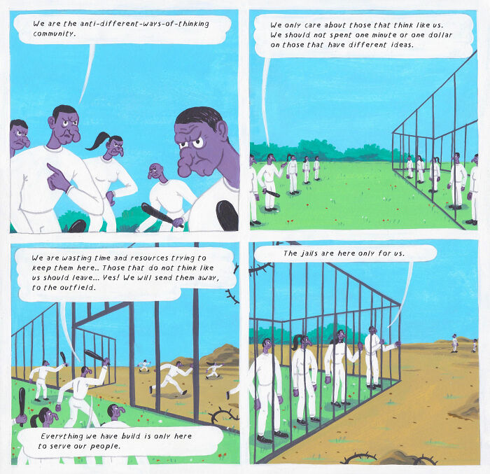 Surreal comic panels by Brecht Vandenbroucke showing a fenced group controlling others with a deep social message.