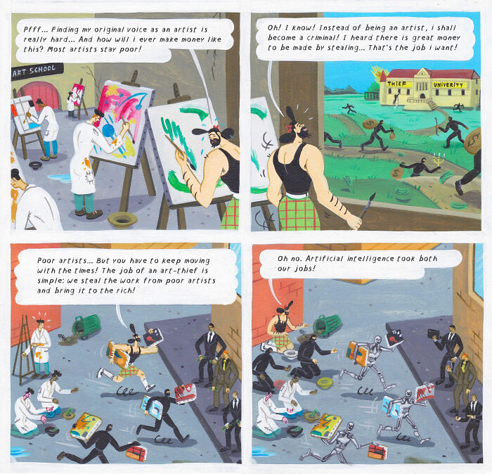 Surreal comics by Brecht Vandenbroucke showing an artist turned art thief, robots stealing art, blending funny and deep themes.