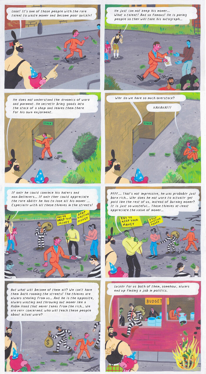 Surreal comic panels showing a man wasting money while others react, illustrating funny and weird themes by Brecht Vandenbroucke.