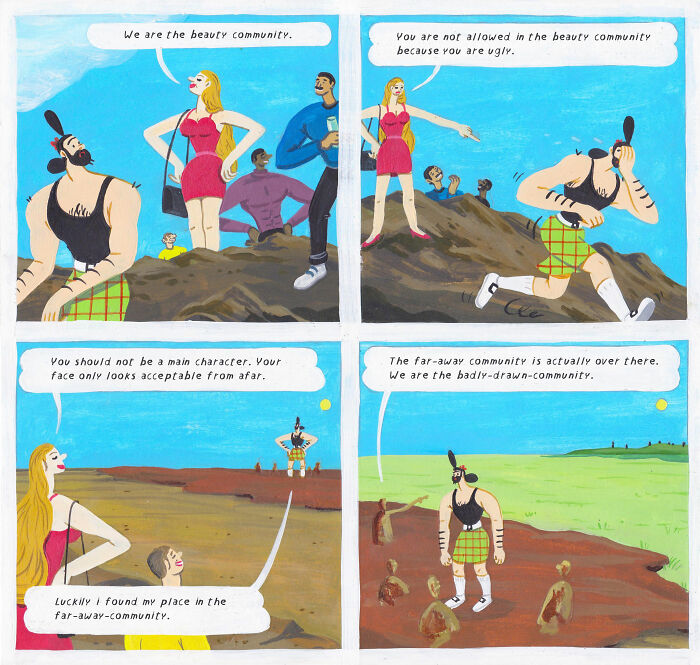 Surreal comic panels by Brecht Vandenbroucke featuring a quirky beauty community and unexpected character dynamics.