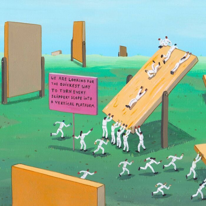 Surreal comic by Brecht Vandenbroucke showing people turning slippery slopes into vertical platforms humorously.
