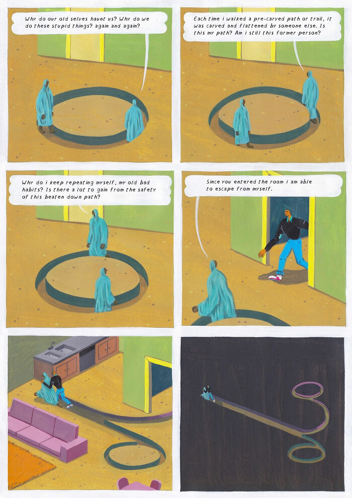 Surreal comic panels showing a figure trapped in loops, escaping with help in a deeply introspective scene.