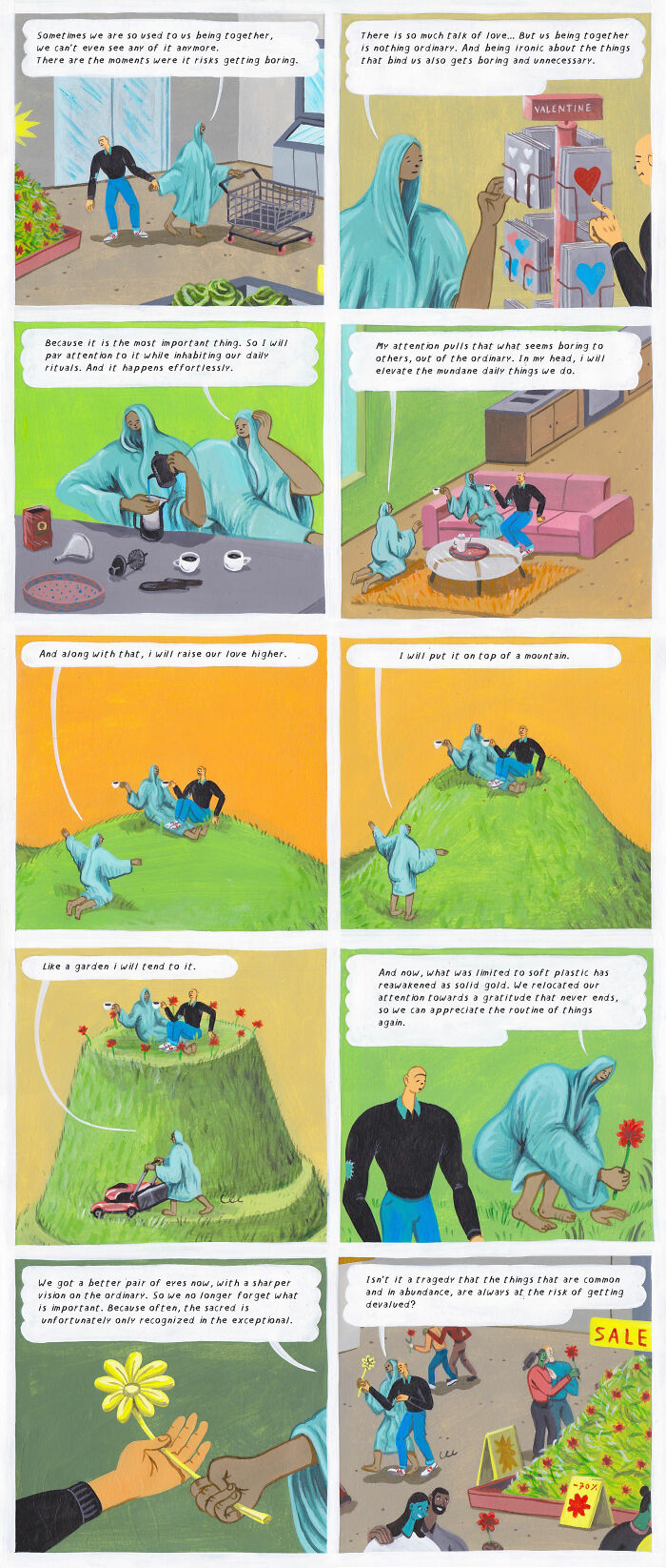 Surreal comic panels by Brecht Vandenbroucke showing abstract characters exploring love, routine, and deeper meanings in daily life.