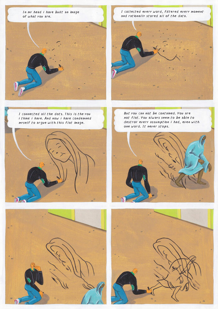 Surreal comic panels showing a man drawing a woman from dots, challenged by her moving figure in a deep, weird scene.
