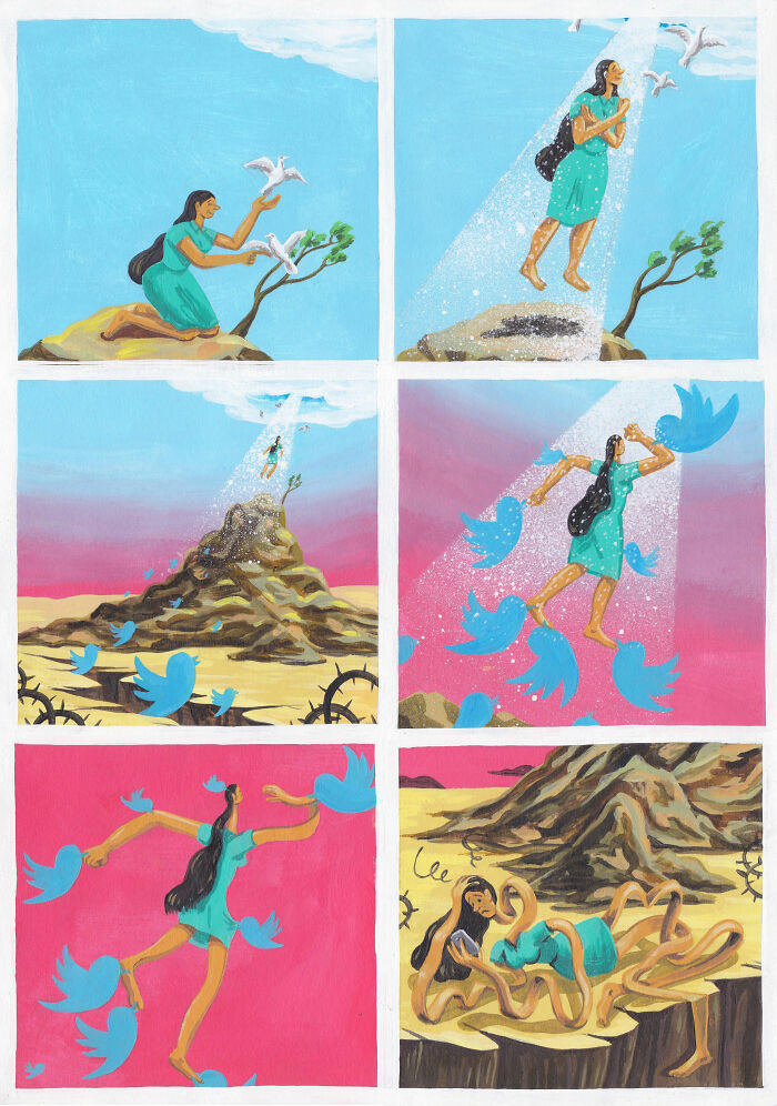 Surreal comic panels showing a woman interacting with birds and transforming in a weird and unexpectedly deep style.