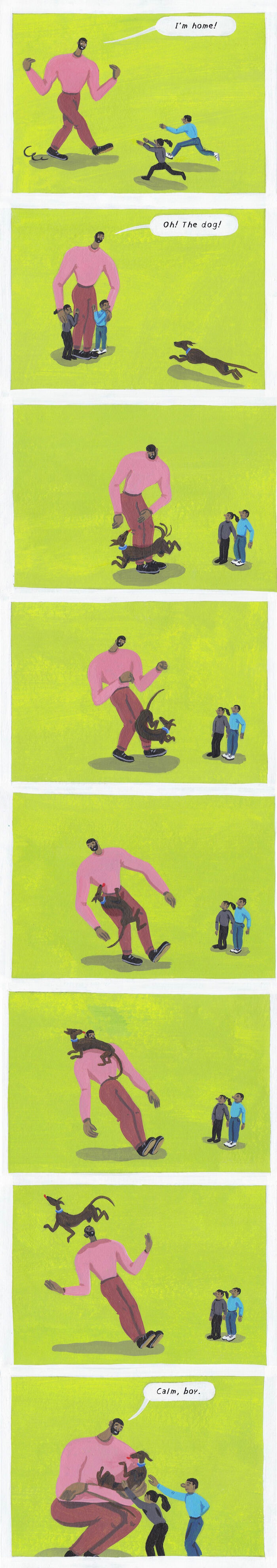 Surreal comic by Brecht Vandenbroucke showing a man humorously struggling with an energetic dog in a weird, funny scene.