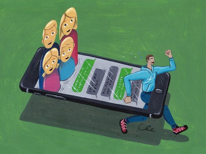 Surreal comic art showing a man running out of a smartphone screen while four shocked faces emerge from it.