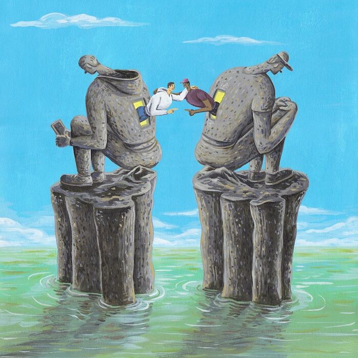 Surreal comic art showing two stone figures with humans interacting through digital screens in a weird, deep scene.