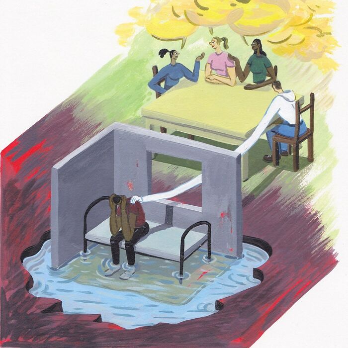 Surreal comic showing contrasting scenes of joy and sadness connected by a mysterious arm in a colorful, symbolic style.