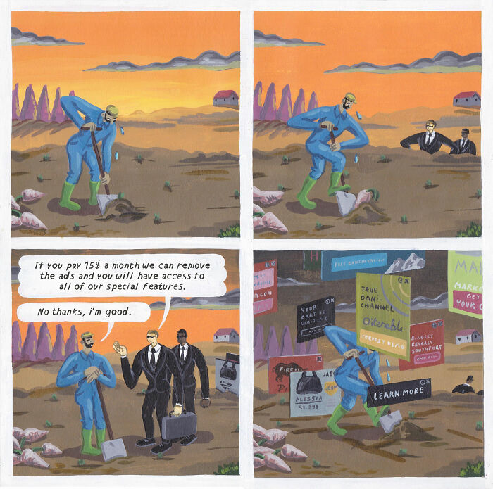 Surreal comic showing a man digging while ads and offers appear around him, reflecting funny and weird humor.