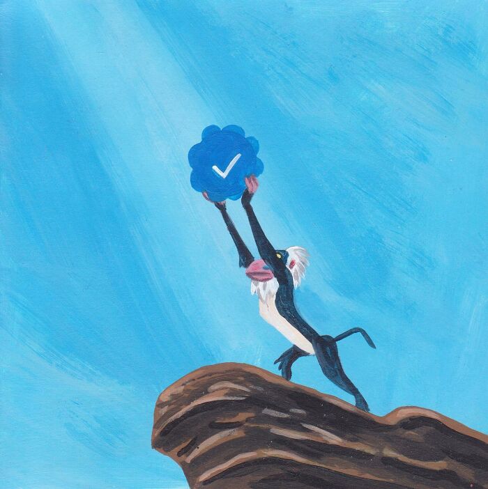 Surreal comic scene of a monkey stretching on a cliff to grab a blue badge with a checkmark against a bright sky.