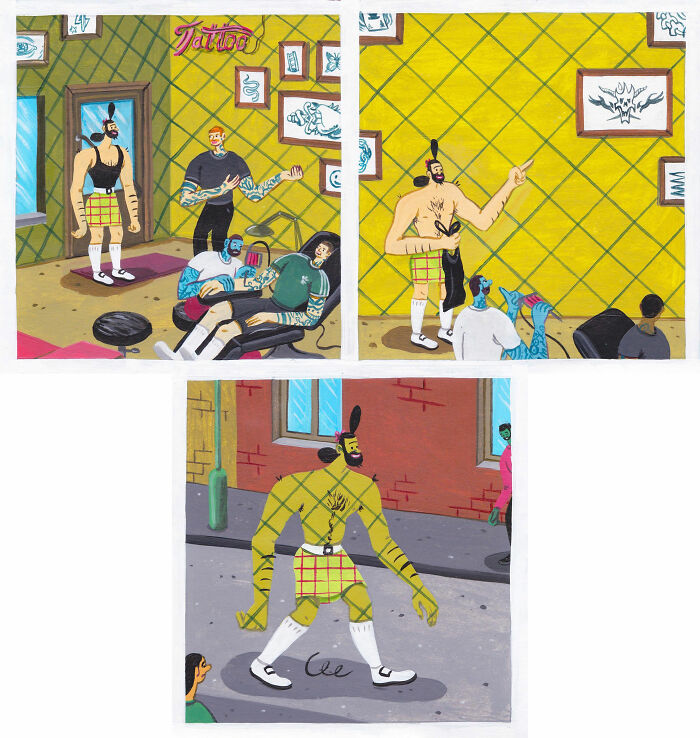 Surreal comics by Brecht Vandenbroucke showing a tattoo parlor scene and a man walking with spring legs outside.