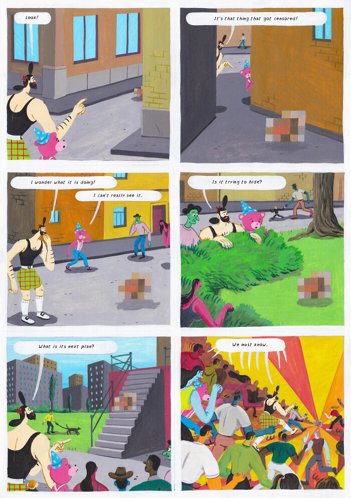 Surreal comic panels with characters investigating a pixelated object in a colorful urban setting, showcasing weird and funny moments.