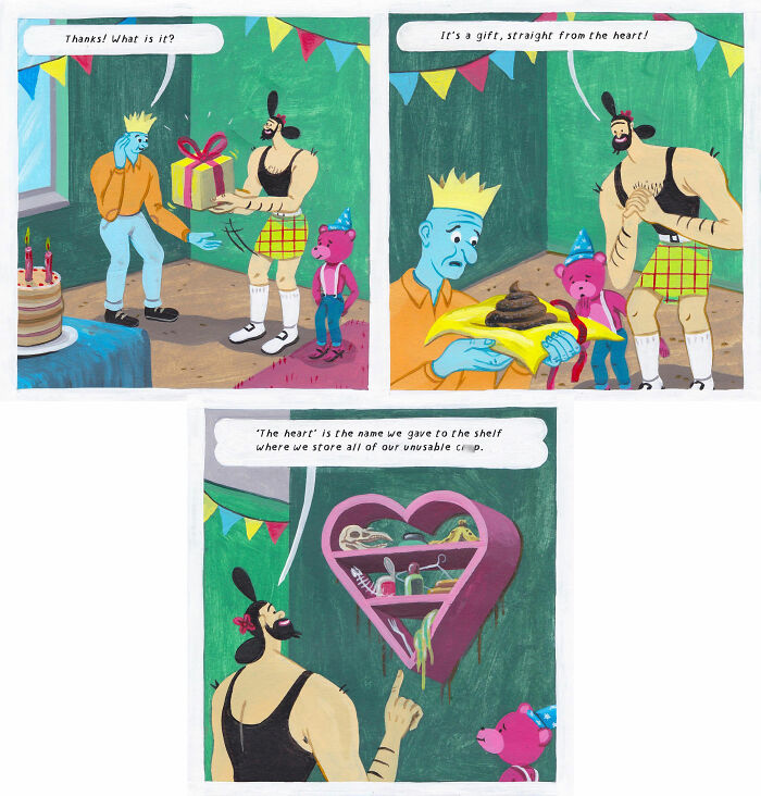 Surreal comic panels by Brecht Vandenbroucke showing a bizarre gift exchange with dark humor and unexpected depth.