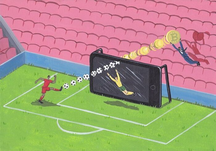 Surreal comic showing a soccer player kicking balls into a smartphone goal with coins flying from the net in a stadium.