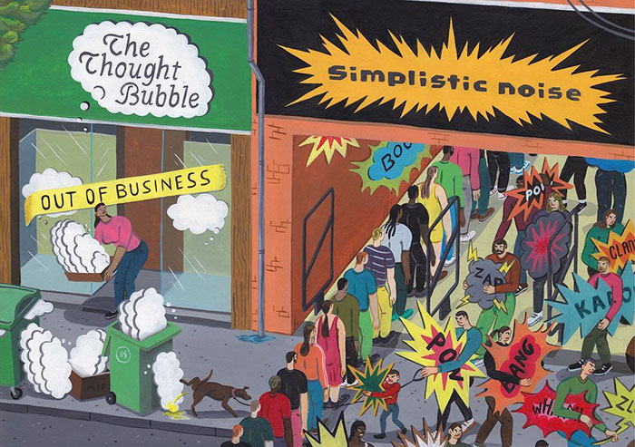 Surreal comic scene showing a person dumping thought bubbles outside an out of business store, with crowds and comic sound effects.