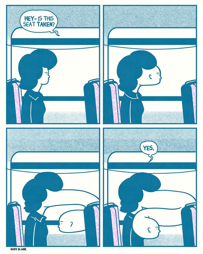 Comic panel showing a darkly funny interaction with exaggerated head shapes, fitting darkly funny comics about feeling overwhelming.