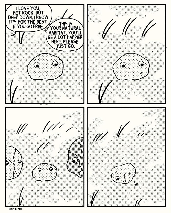 Black and white darkly funny comic panels featuring a pet rock in its natural habitat with a humorous tone.