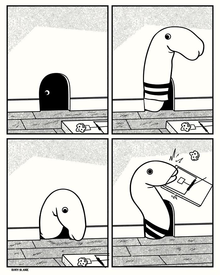 Black and white darkly funny comic strip featuring a worm opening a door and eating a cookie when life feels overwhelming.