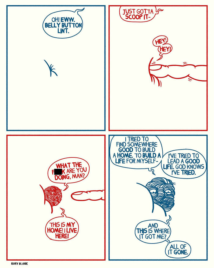 Darkly funny comic panels featuring belly button lint, a finger, and reflections on life feeling overwhelming.