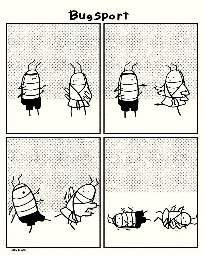 Darkly funny comic of two bugs sparring in a martial arts match, illustrating humor for overwhelming life moments.