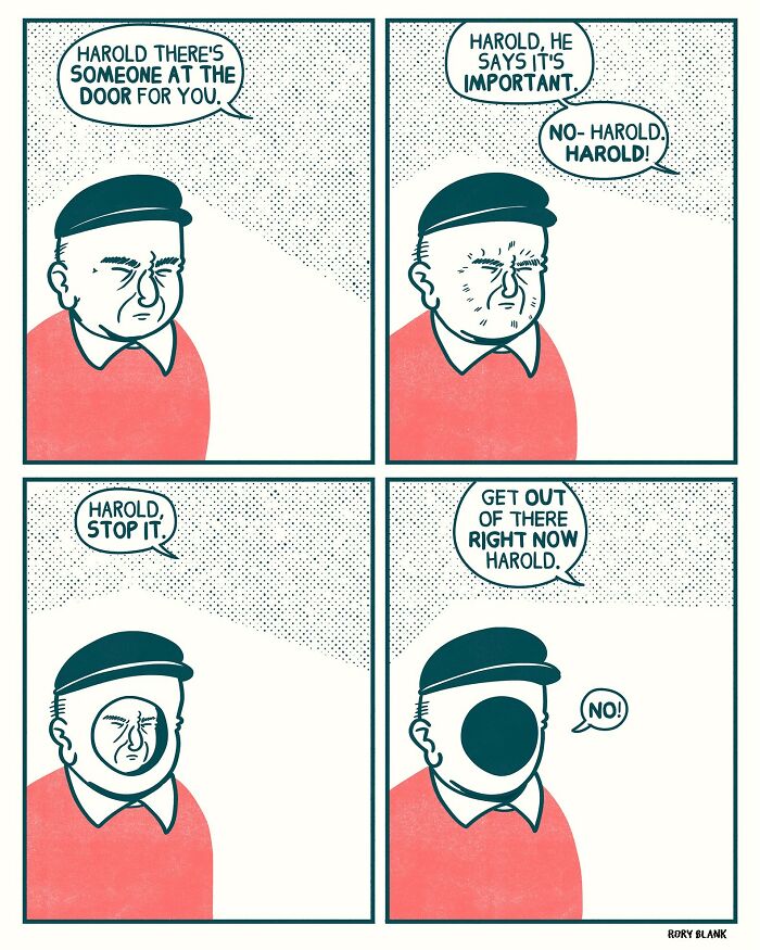 Darkly funny comic strip featuring a man named Harold with a surreal, overwhelming emotional expression.