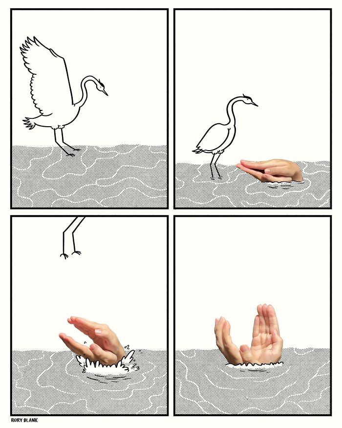 A darkly funny comic showing a bird sinking with human hands appearing in surreal waves, blending humor and overwhelm.