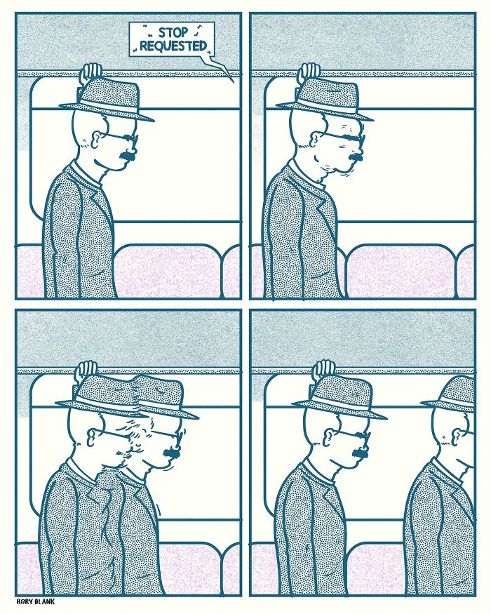 Comic strip illustrating darkly funny moments of a man removing his hat on a subway, showcasing dark humor comics.