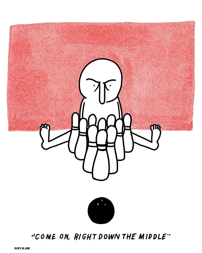 Minimalist darkly funny comic with a frustrated character sitting among bowling pins, capturing overwhelming life moments.