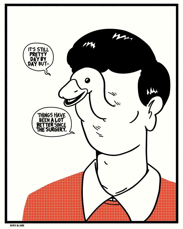 Cartoon of a person with a duck bill face and dark hair, illustrating darkly funny comics for overwhelming life moments.