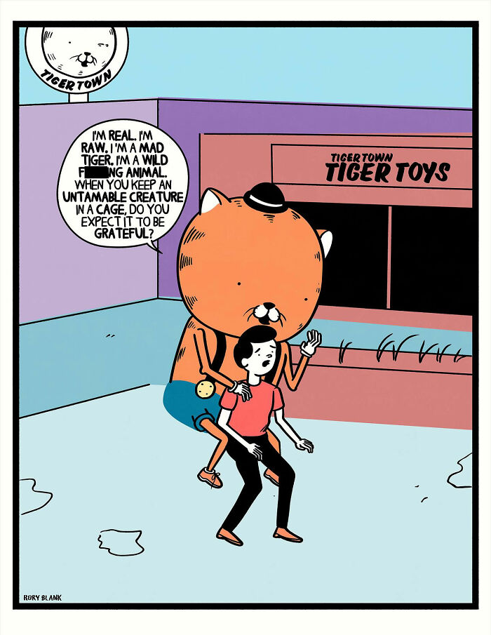 Cartoon of a mad tiger holding a person outside a cage, illustrating darkly funny comics about overwhelming life moments.