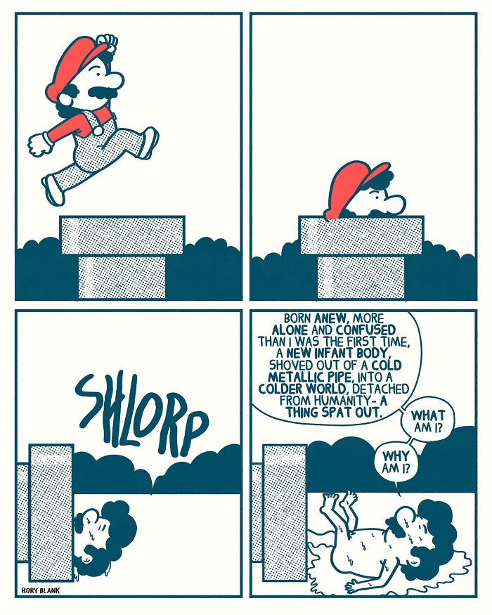 Comic strip showing a character emerging from a pipe, reflecting darkly funny thoughts on confusion and existence.