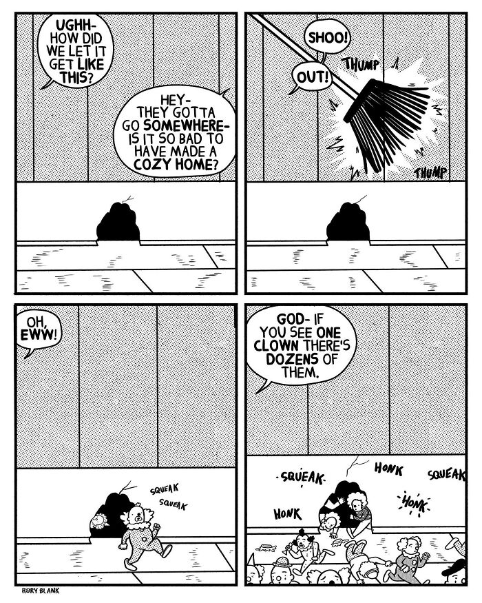 Darkly funny comic strip showing a pile of clowns creating chaos, capturing humor when life feels overwhelming.