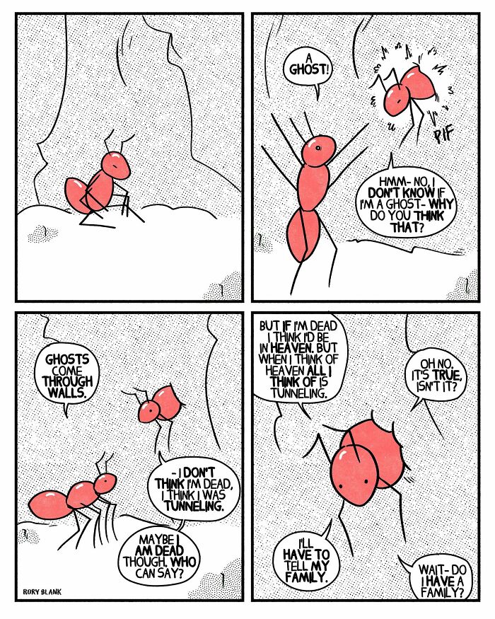 Darkly funny comic strip featuring ants discussing ghosts, death, and existential thoughts in a humorous way.