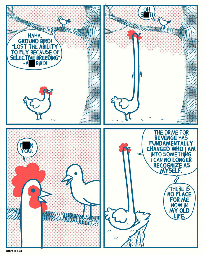 Darkly funny comic strip featuring a ground bird and a tree bird in a humorous yet overwhelming life situation.
