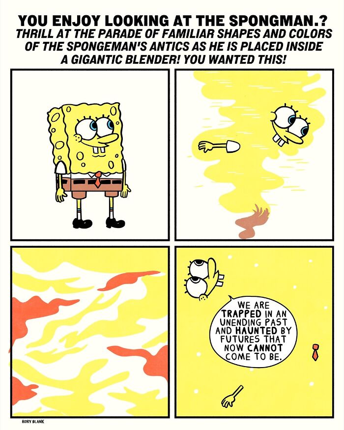 Darkly funny comic showing a cartoon sponge character inside a blender, reflecting on overwhelming life struggles.