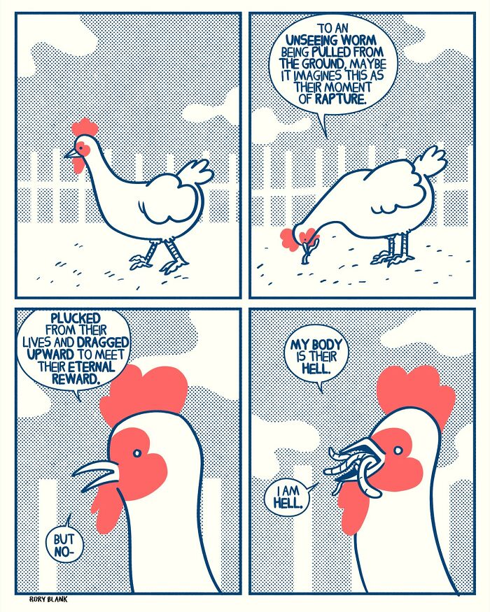 Darkly funny comic shows a chicken reflecting on its body as a hellish trap for worms in a darkly funny style.