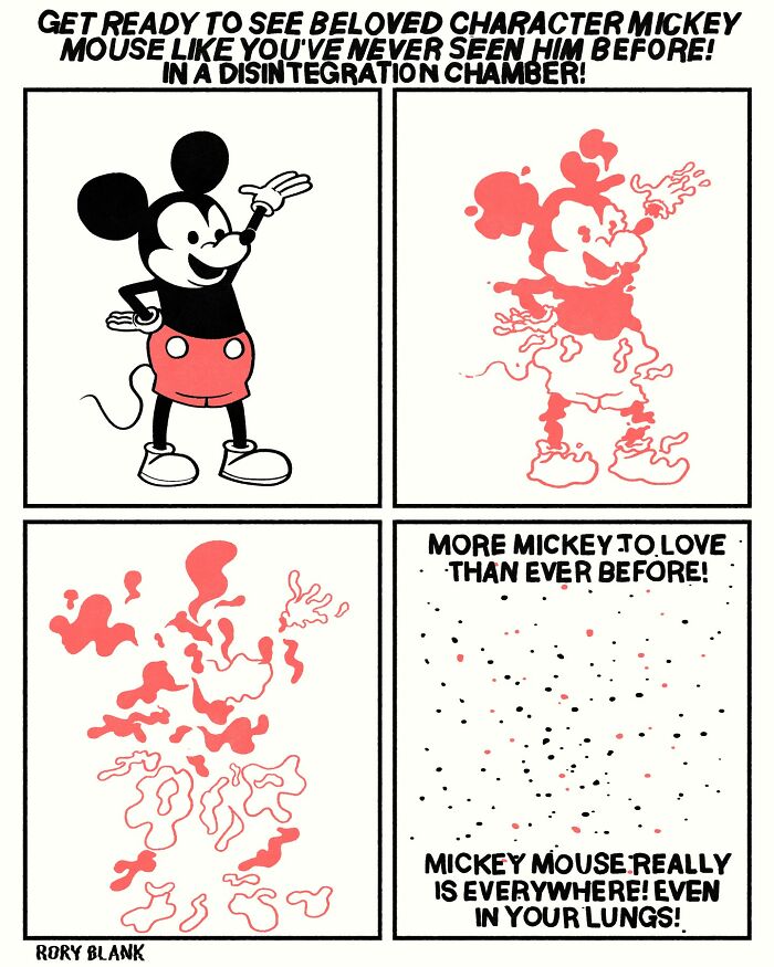 Comic strip showing Mickey Mouse disintegrating into abstract shapes, illustrating darkly funny comics for when life feels overwhelming.