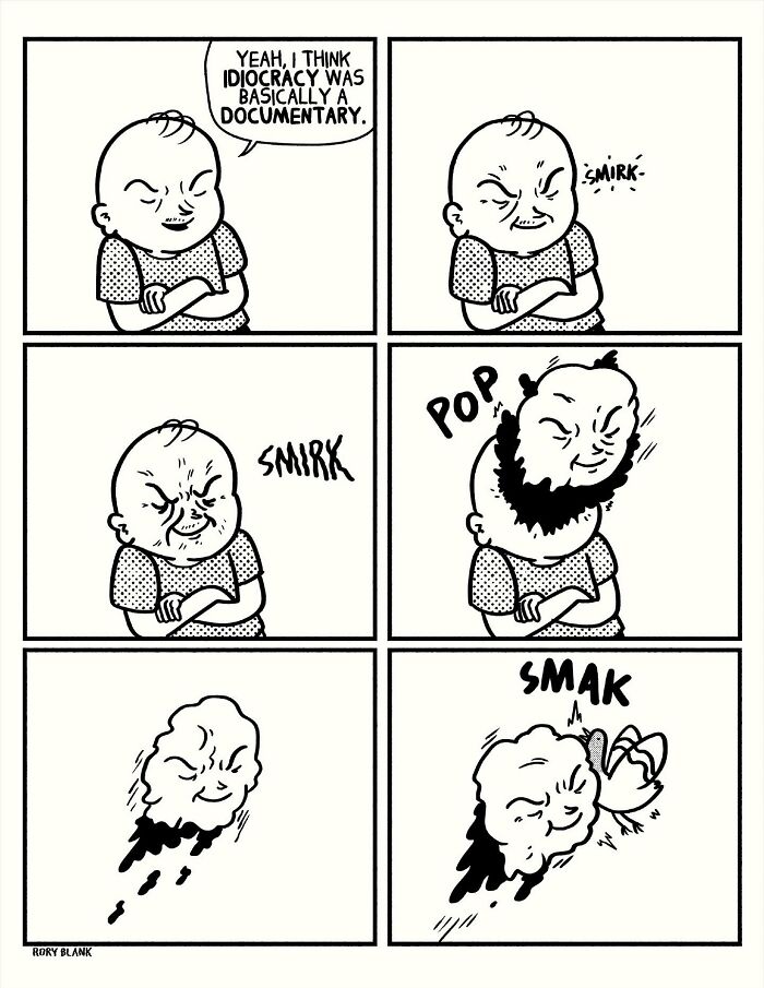 Darkly funny comic panels showing a smirking character whose head transforms and pops off in a surreal, overwhelming way.