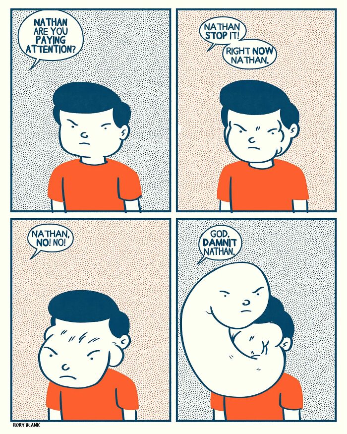 Comic strip depicting a frustrated boy named Nathan with exaggerated facial expressions, illustrating darkly funny comics for overwhelming life.