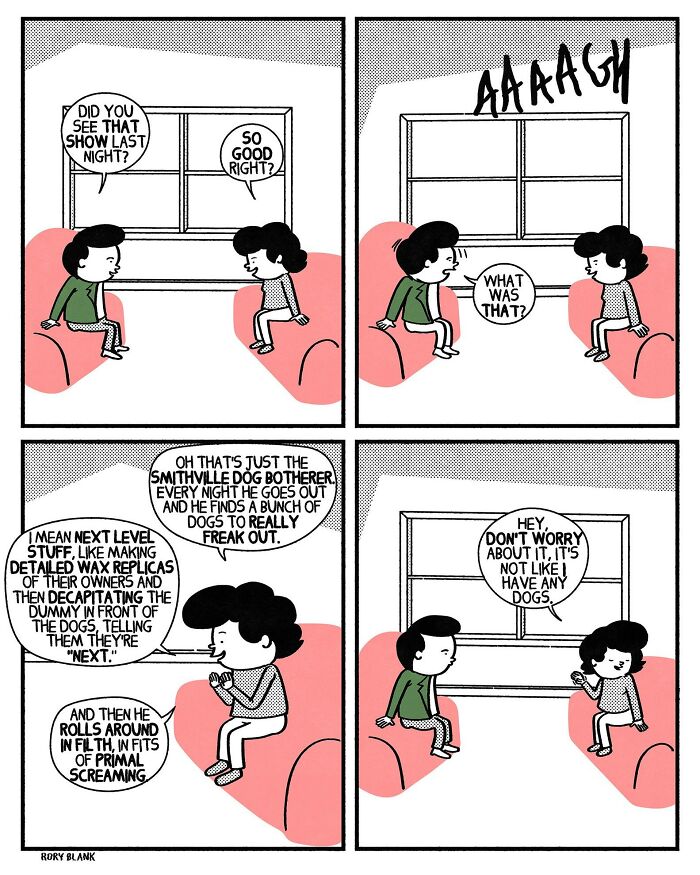 Two people chat on couches in a darkly funny comic about stress and a bizarre dog-botherer story.